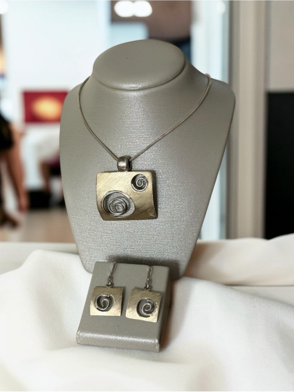Set/2 Sterling Silver Swirl Square Pendant/ Earrings